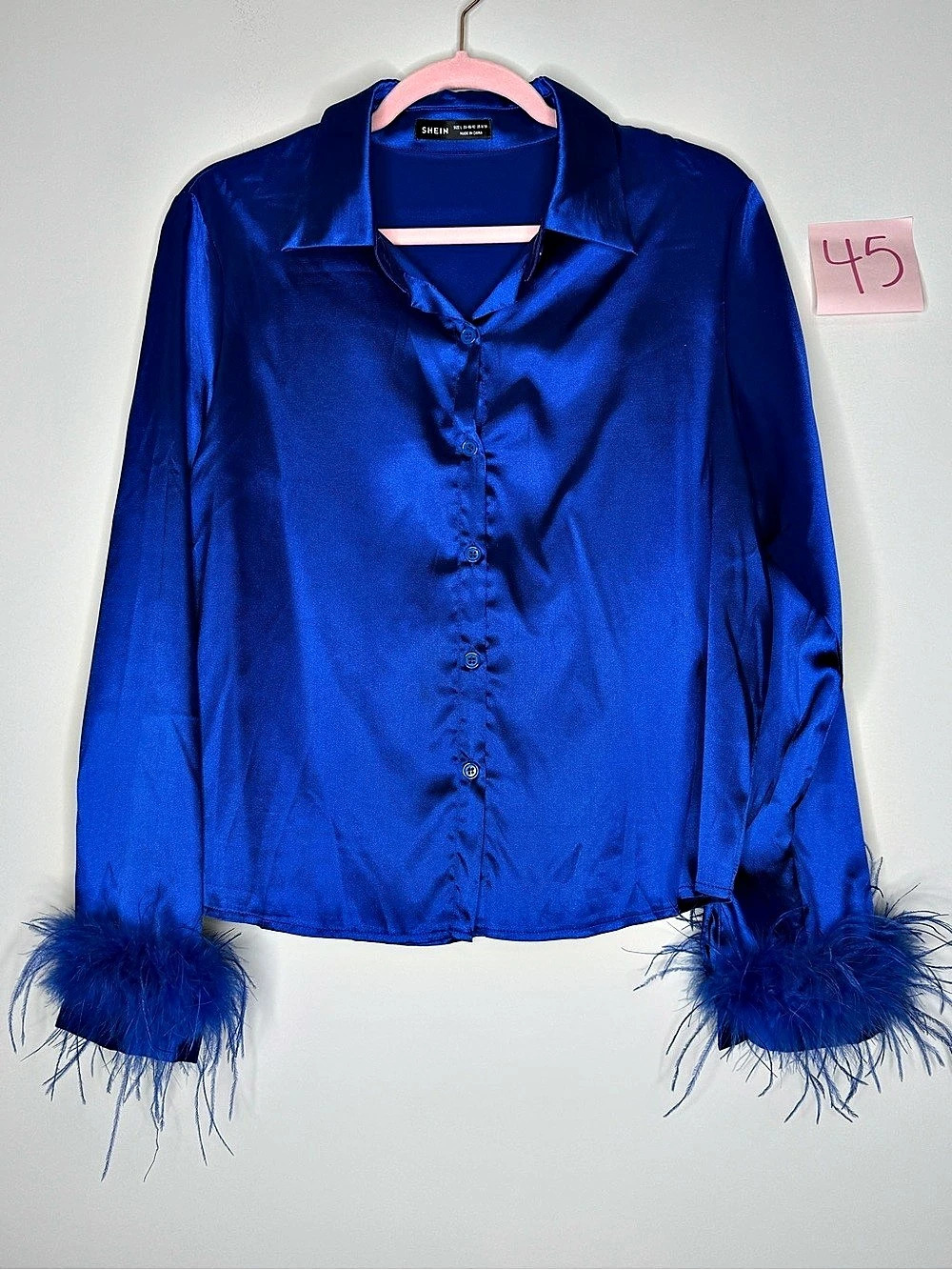 SHEIN Blue Feather Cuff Blouse Size Large Like New